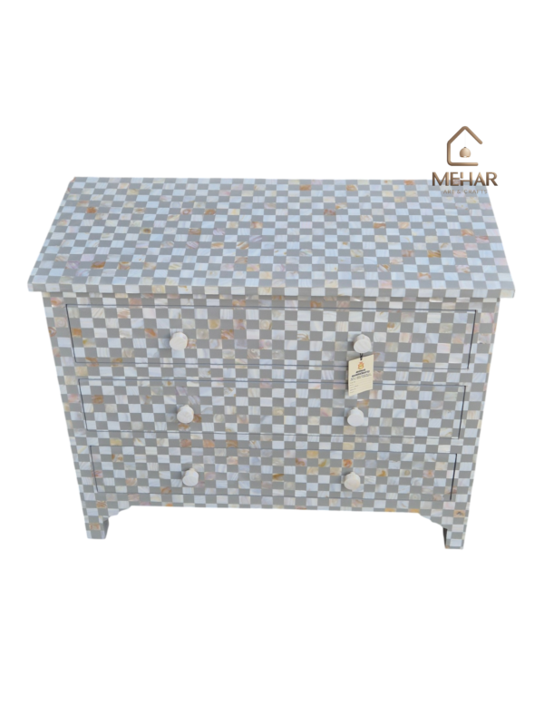 WDN MOTHER OF PEARL INLAY CHEST OF 3 DRAWER IN GREY FINISH