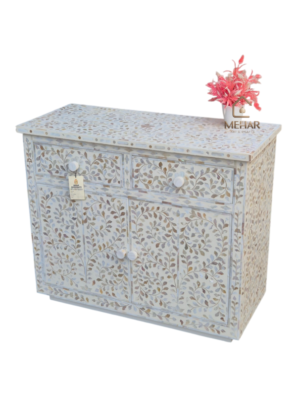 20251014_151643 WDN FLORAL MOTHER OF PEARL INLAY CHEST OF DRAWER WITH 2 DRAWER 2 DOOR