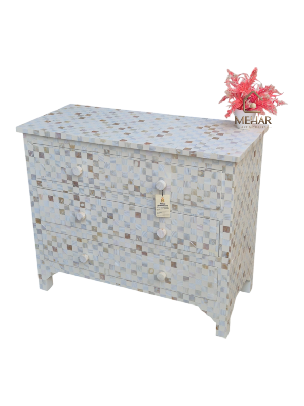 20251014_155423 WDN MOTHER OF PEARL INLAY CHEST OF 3 DRAWER IN WHITE FINISH