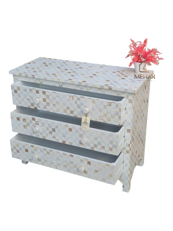 20251014_155515 WDN MOTHER OF PEARL INLAY CHEST OF 3 DRAWER IN WHITE FINISH