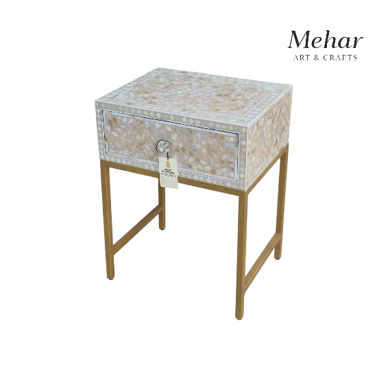 Mother Of Pearl Floral Inlay Bedside Table with Metal Base (1 DR)