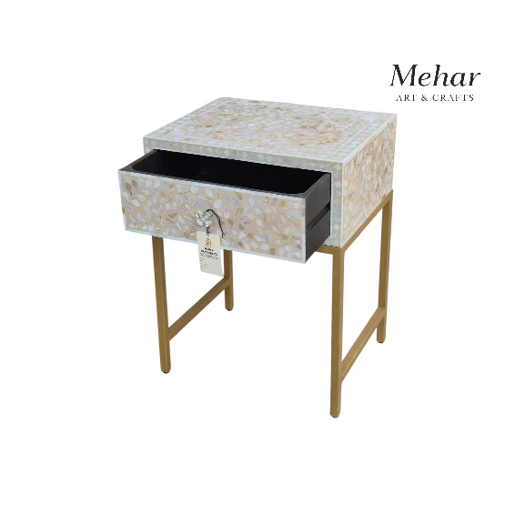 Mother Of Pearl Floral Inlay Bedside Table with Metal Base (1 DR)
