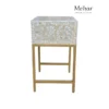 Mother Of Pearl Floral Inlay Bedside Table with Metal Base (1 DR)