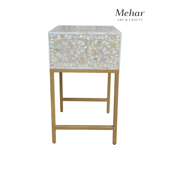 Mother Of Pearl Floral Inlay Bedside Table with Metal Base (1 DR)