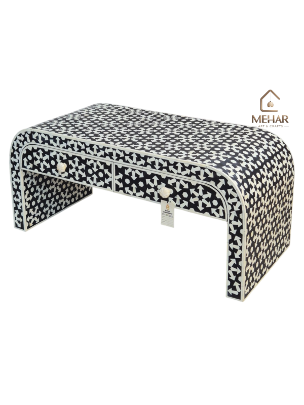 20251104_151820 WDN MOTHER OF PEARL INLAY U SHAPE COFFEE TABLE 2 DRAWER IN BLACK FINISH