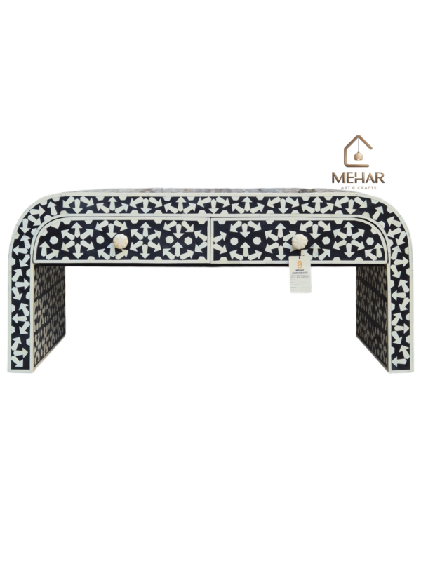 20251104_152006 WDN MOTHER OF PEARL INLAY U SHAPE COFFEE TABLE 2 DRAWER IN BLACK FINISH