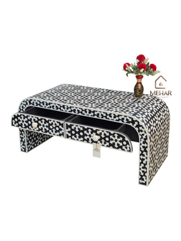 20251104_152324 WDN MOTHER OF PEARL INLAY U SHAPE COFFEE TABLE 2 DRAWER IN BLACK FINISH