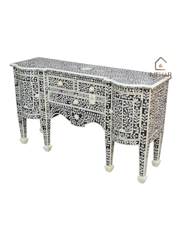 20251108_161415 WDN BONE INLAY FLORAL CHEST OF 3 DRAWERS 2 DOOR IN WHITE & BLACK FINISH