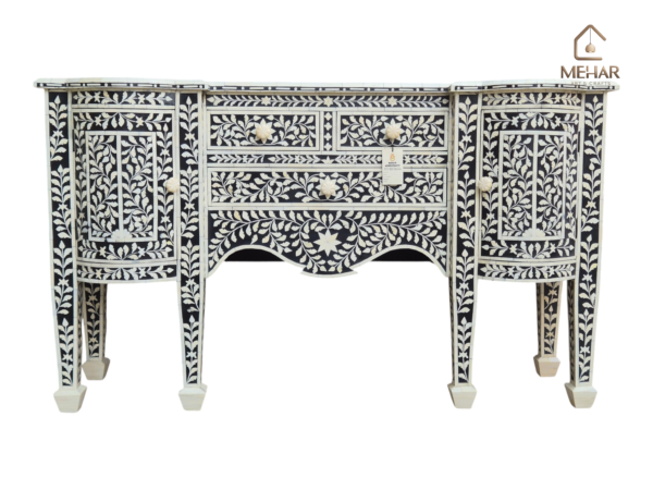 20251108_161919 WDN BONE INLAY FLORAL CHEST OF 3 DRAWERS 2 DOOR IN WHITE & BLACK FINISH
