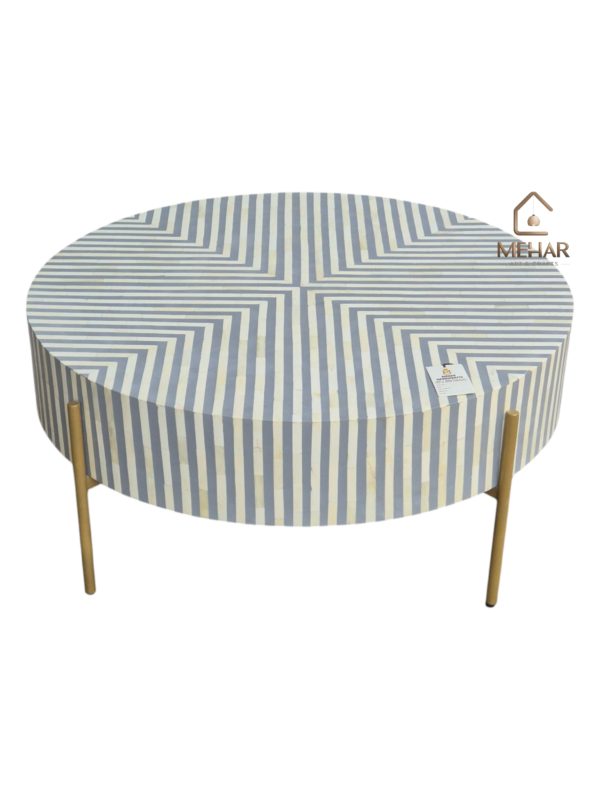 WDN BONE INLAY ROUND COFFEE TABLE WITH METAL LEGS (STRIPPED PATTERN)