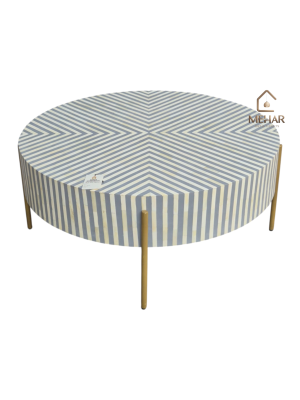 WDN BONE INLAY ROUND COFFEE TABLE WITH METAL LEGS (STRIPPED PATTERN)