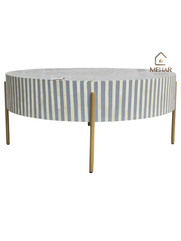 WDN BONE INLAY ROUND COFFEE TABLE WITH METAL LEGS (STRIPPED PATTERN)