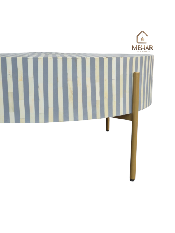 WDN BONE INLAY ROUND COFFEE TABLE WITH METAL LEGS (STRIPPED PATTERN)