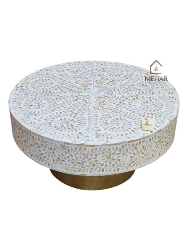 WDN MOTHER OF PEARL INLAY FLORAL COFFEE TABLE IN WHITE FINISH
