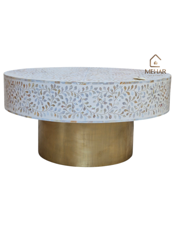 WDN MOTHER OF PEARL INLAY FLORAL COFFEE TABLE IN WHITE FINISH