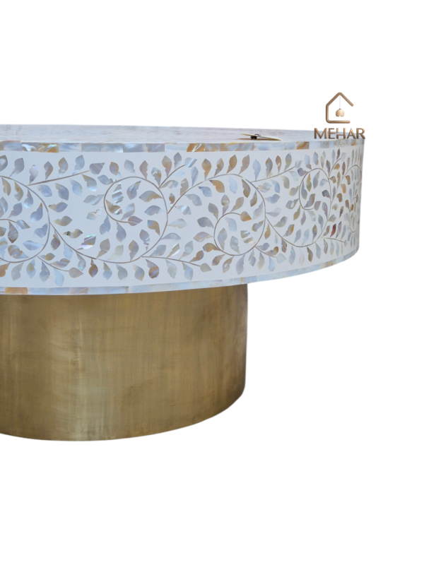 WDN MOTHER OF PEARL INLAY FLORAL COFFEE TABLE IN WHITE FINISH