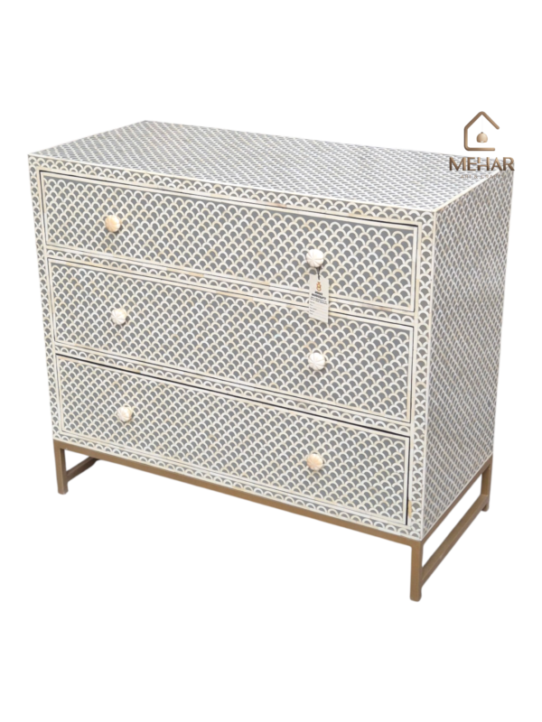 20251119_173617 WDN BONE INLAY CHEST OF DRAWER WITH 3 DRAWER WITH METAL BASE