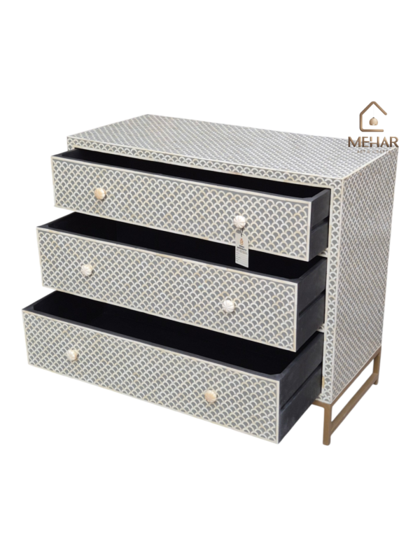 20251119_173700 WDN BONE INLAY CHEST OF DRAWER WITH 3 DRAWER WITH METAL BASE