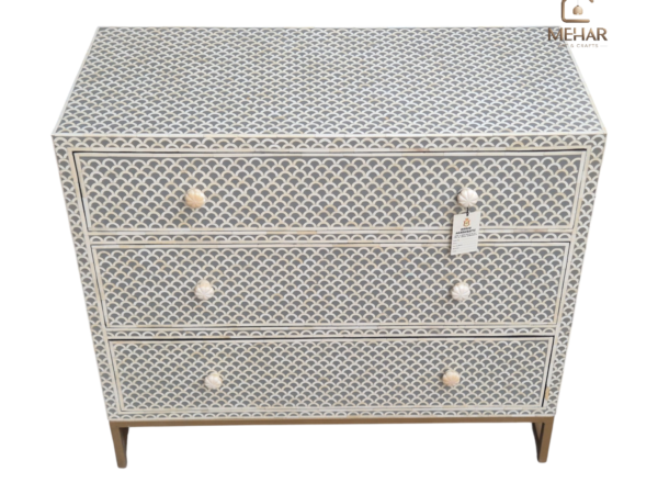 20251119_173836 WDN BONE INLAY CHEST OF DRAWER WITH 3 DRAWER WITH METAL BASE