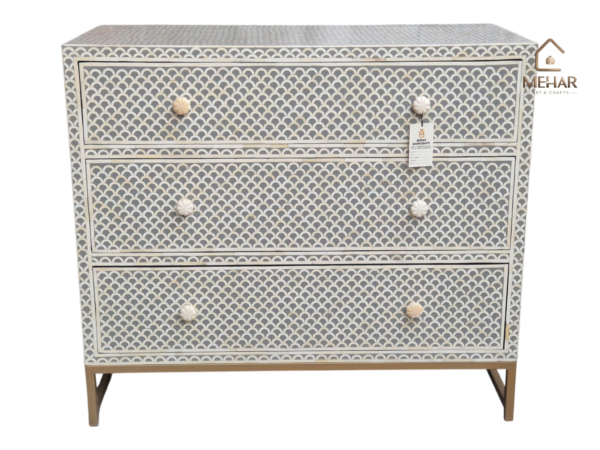 20251119_173846 WDN BONE INLAY CHEST OF DRAWER WITH 3 DRAWER WITH METAL BASE