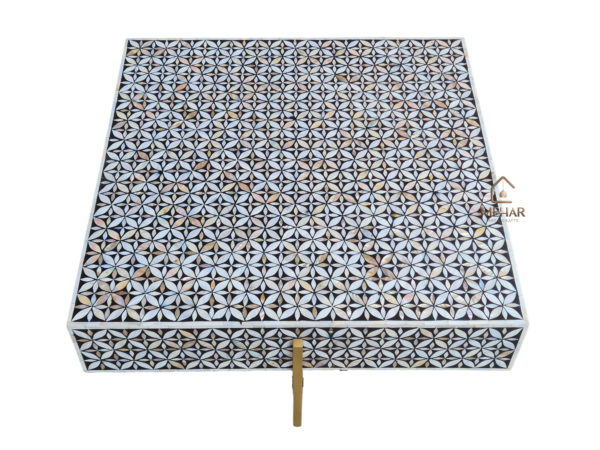 WDN MOTHER OF PEARL INLAY COFFEE TABLE WITH IMETAL LEGS