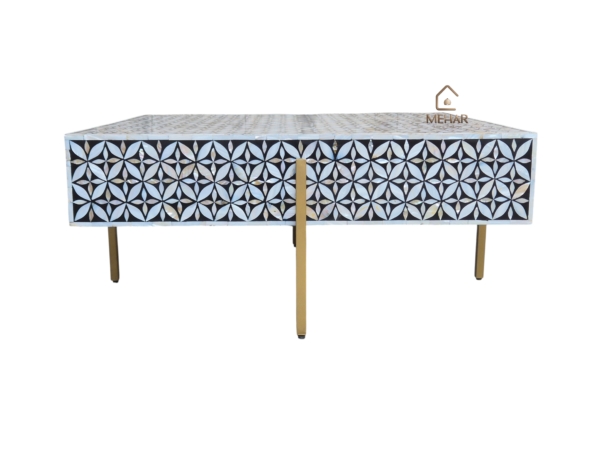 WDN MOTHER OF PEARL INLAY COFFEE TABLE WITH IMETAL LEGS