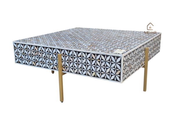 WDN MOTHER OF PEARL INLAY COFFEE TABLE WITH IMETAL LEGS