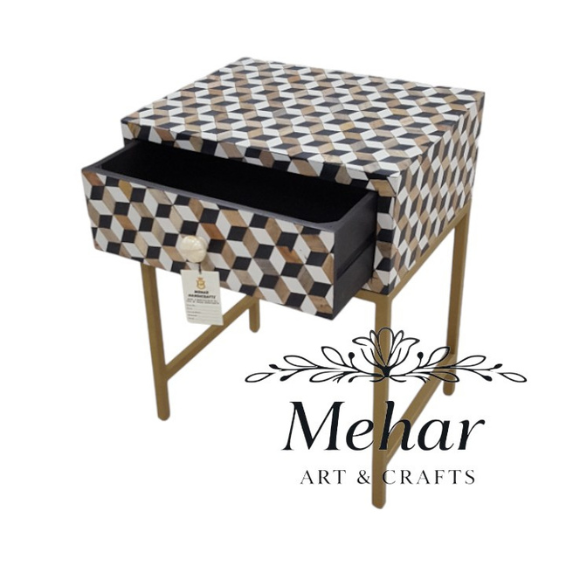 WDN Resin Inlay Bedside Table with Iron Base (1 Drawer)