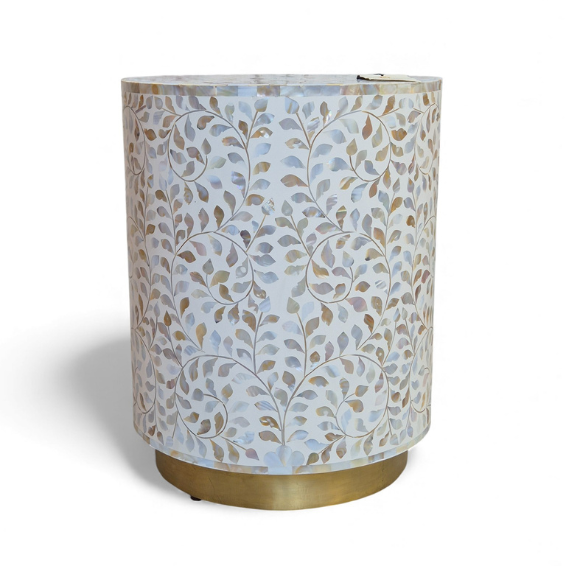 WDN MOP INLAY FLORAL SIDE TABLE IN WHITE FINISH