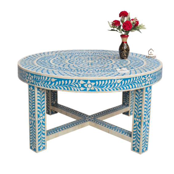 3 (2) WDN BONE INLAY FLORAL COFFEE TABLE WITH MATCHING STOOL (SET OF 5)