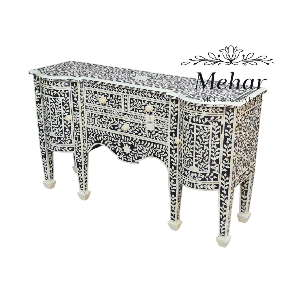 WDN BONE INLAY FLORAL  CHEST OF DRAWERS 3 DRA. 2 DOOR IN WHITE & BLACK FINISH