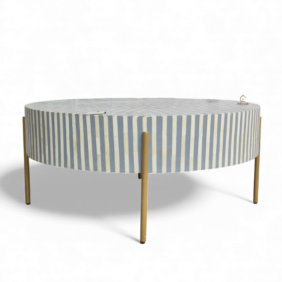 3 (3) WDN BONE INLAY ROUND COFFEE TABLE WITH METAL LEGS (STRIPPED PATTERN)