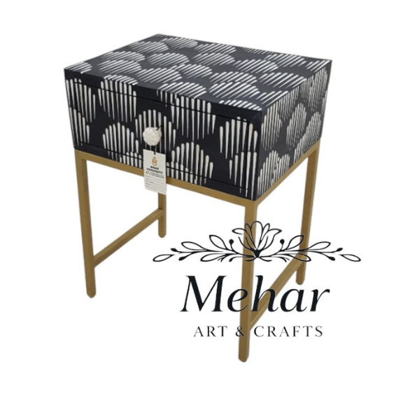 WDN Bone Inlay Bedside Table with Iron Base (1 Drawer)