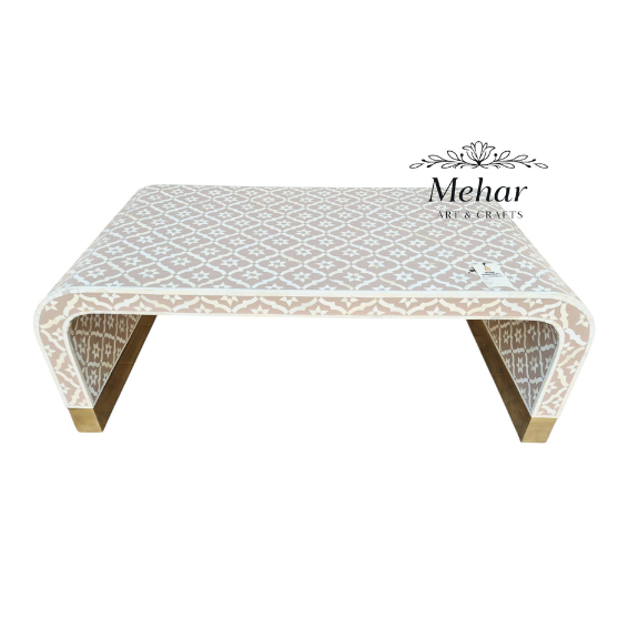 WDN BONE INLAY U SHAPE COFFEE TABLE IN WHITE & BIEGE  FINISH