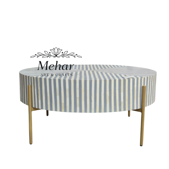 WDN BONE INLAY ROUND COFFEE TABLE WITH IRON LEGS (STRIPPED PATTERN)