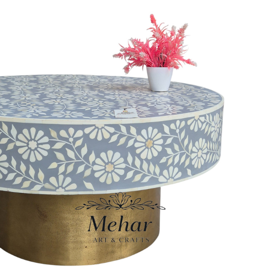 WDN BONE INLAY FLORAL COFFEE TABLE IN WHITE & GREY FINISH