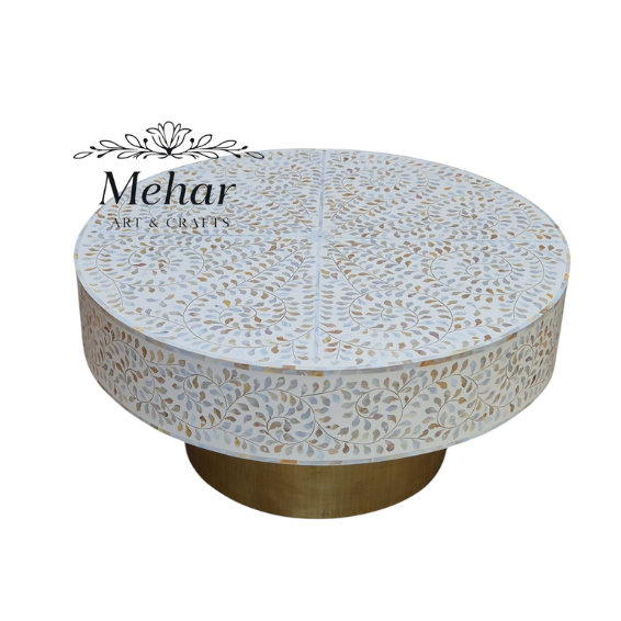 WDN MOP INLAY FLORAL COFFEE TABLE IN WHITE FINISH