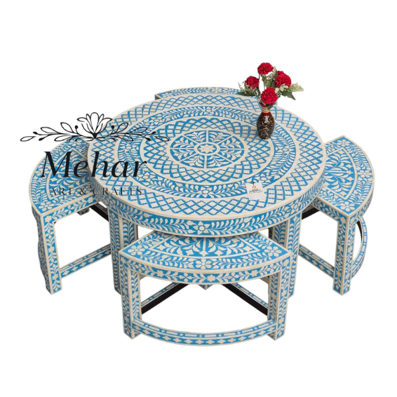 WDN BONE INLAY FLORAL COFFEE TABLE WITH MATCHING STOOL (SET OF 5)