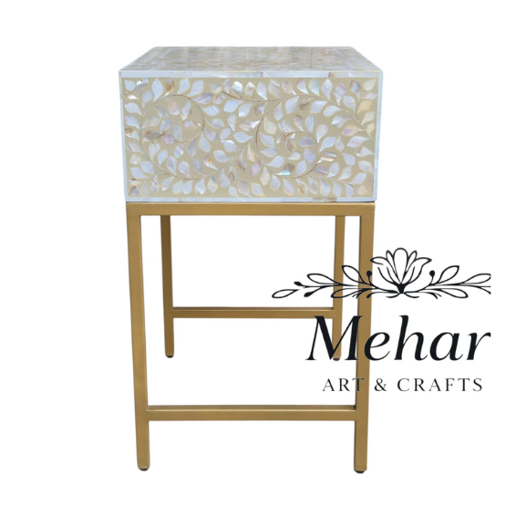 MOP Floral Inlay Bedside Table with Iron Base (1 DR)