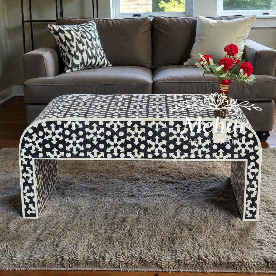 WDN MOP INLAY U SHAPE COFFEE TABLE 2 DRAWER IN BLACK FINISH