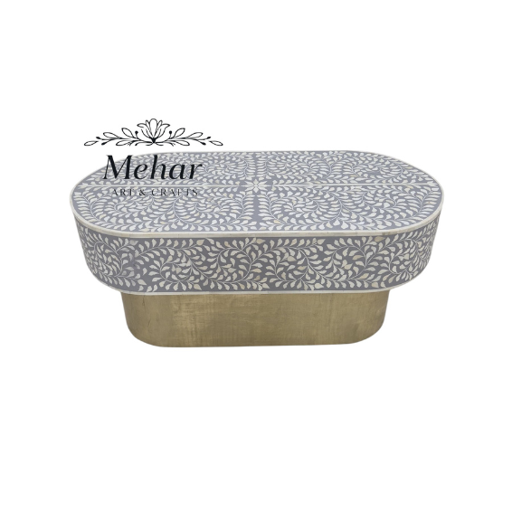 WDN BONE INLAY COFFEE TABLE IN OVAL SHAPE IN GREY WHITE FINISH