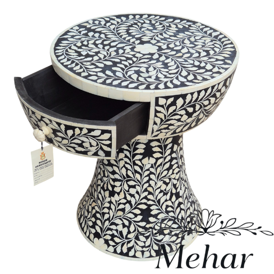 WDN Floral Bone Inlay Bedside Table (1 Drawer)