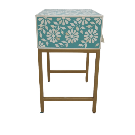 WDN, BONE INLAY FLORAL BEDSIDE TABLE/ NIGHTSTAND WITH IRON BASE (1 DR)