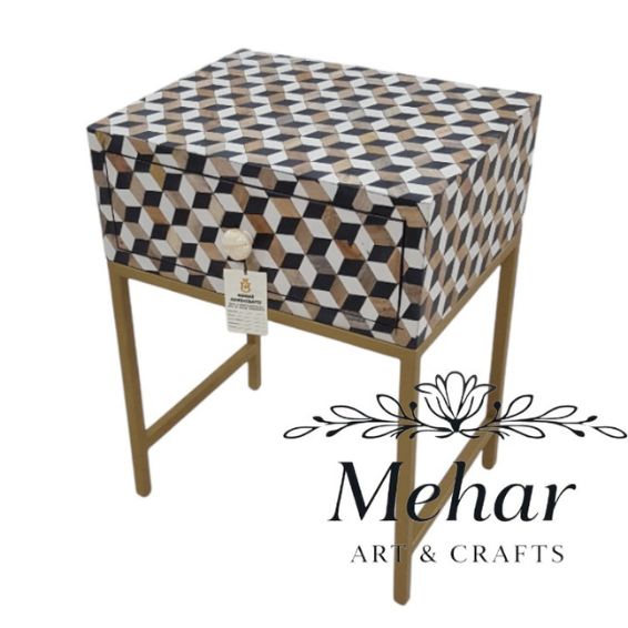 WDN Resin Inlay Bedside Table with Iron Base (1 Drawer)