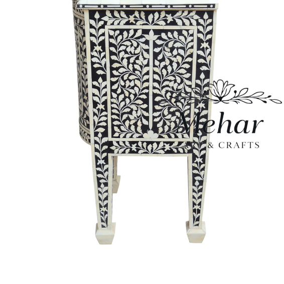 WDN BONE INLAY FLORAL  CHEST OF DRAWERS 3 DRA. 2 DOOR IN WHITE & BLACK FINISH