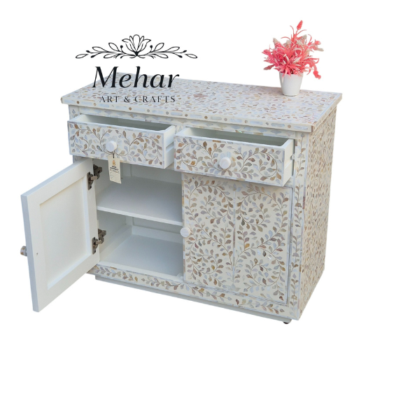 WDN FLORAL  MOP INLAY CHEST OF DRAWER WITH 2 DRAWER 2 DOOR