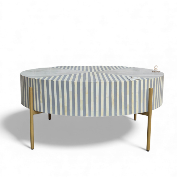 4 (3) WDN BONE INLAY ROUND COFFEE TABLE WITH METAL LEGS (STRIPPED PATTERN)