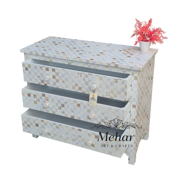 WDN MOP INLAY CHEST OF DRAWER WITH 3 DRAWER IN WHITE FINISH