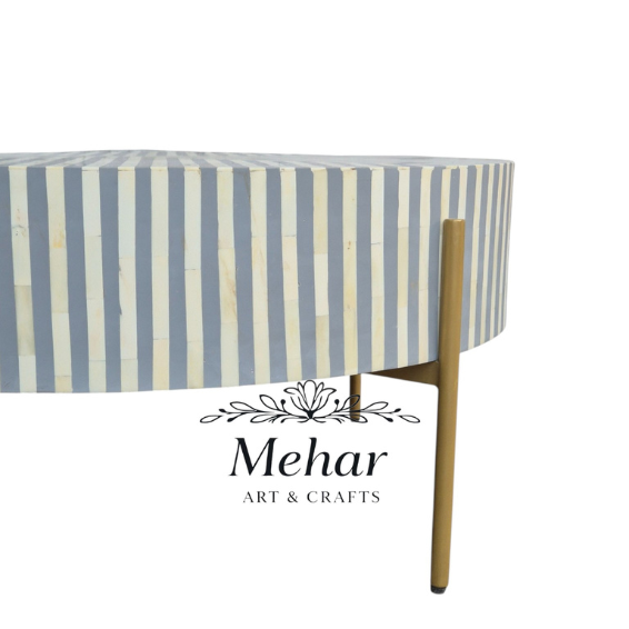 WDN BONE INLAY ROUND COFFEE TABLE WITH IRON LEGS (STRIPPED PATTERN)
