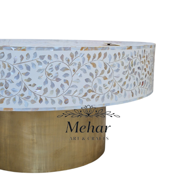 WDN MOP INLAY FLORAL COFFEE TABLE IN WHITE FINISH